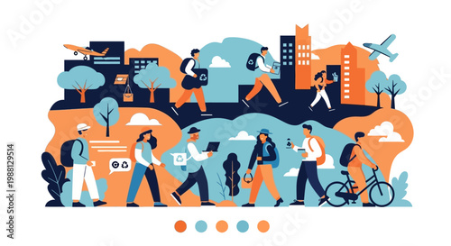 Urban lifestyle illustration with people commuting to work