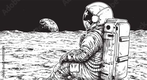 astronaut sitting on moon looking at earth