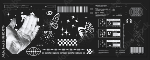 Y2K Cyber Brutalist Banner Template Vector with HUD Elements Butterfly Hand Eye and Barcode on Black Background for Trendy Streetwear and Editorial Design