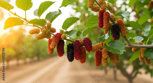 Mulberries Ripening on a Tree Branch in Sunlight fruit
