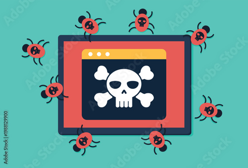 A tablet infected with a virus. The app screen features a skull and crossbones, and virus-infected computer worms emerge from the tablet. Vector illustration in flat design style.
