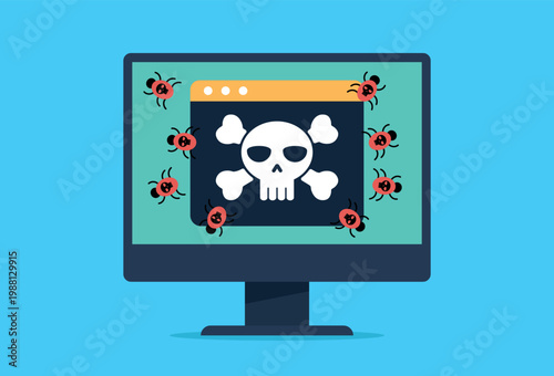 Vector image of a computer infected with a virus. The monitor screen displays a tile of an infected website from which computer worms emerge and infect the system.