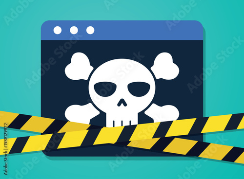 Vector image of a website tile secured with caution tape. The tile features a skull.