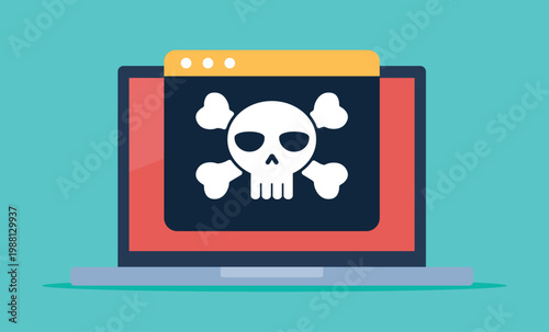 Infected app on laptop screen. Open laptop with a skull on the app tile. Computer system infection. Vector graphic in flat design style.