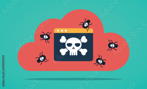 The data cloud was hacked by a virus with computer boots. Applications with a skull on a red cloud. Computer worms with a skull illustration are leaving the application.