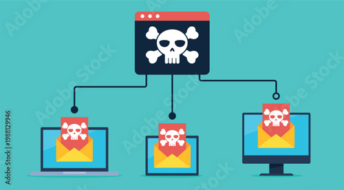 Flat vector illustration of a hacked app sending emails to other devices. A hacked network of connected devices.