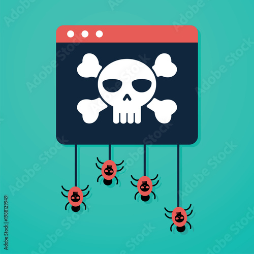 Vector illustration of a virus attacking a web application. Computer worms emerge from a skull tile. Flat design style.