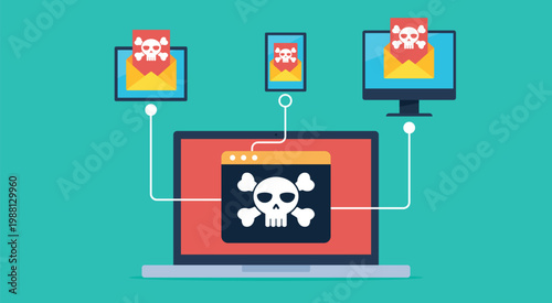 Flat vector illustration of a laptop with a hacked app sending emails to other devices. A hacked network of connected devices.