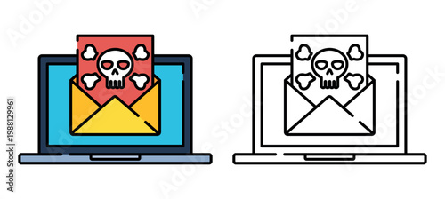 Vector illustration of a laptop with an envelope on the screen. The envelope contains a letter with a skull and crossbones. The letter contains a virus. The skull is on the red list. 