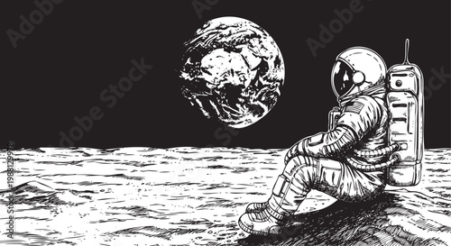 astronaut sitting on moon looking at earth