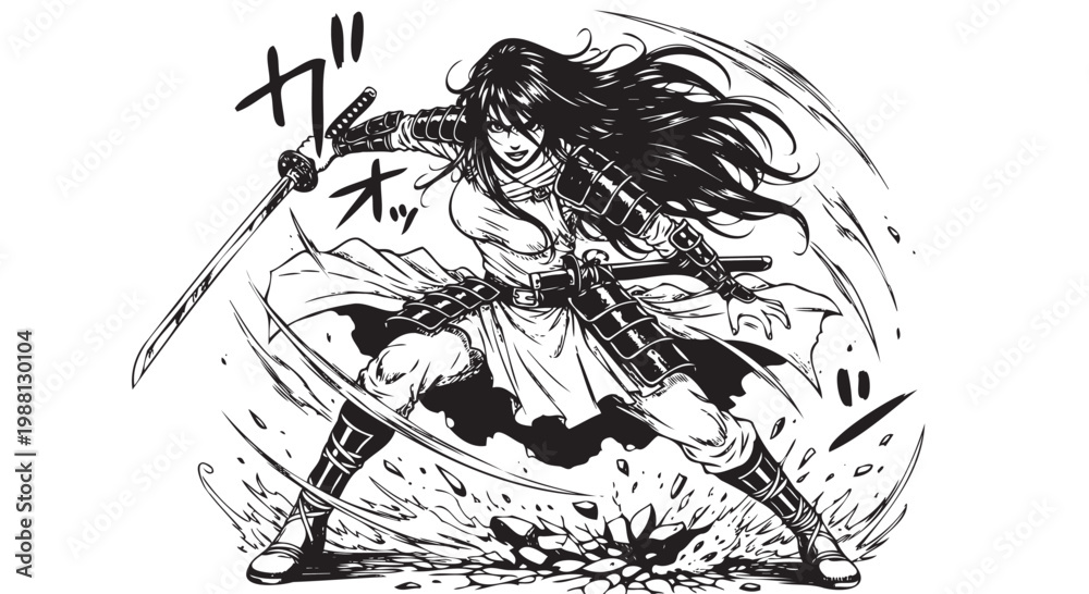 Obraz premium Female Samurai Warrior with Dual Swords
