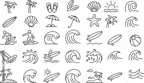 Hand Drawn Doodle Beach Surf Set with Tropical Elements and Summer Icons