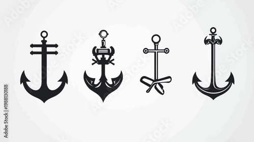 Four black anchor designs with varying forms on a light gray background with faded edges