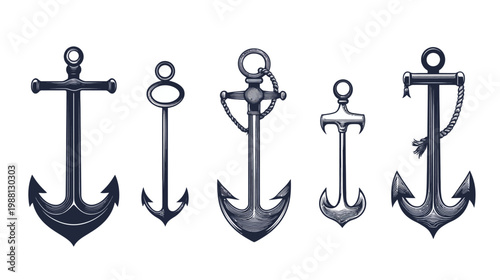 Artistic, monochrome illustration showcasing five unique anchors with varying designs and styles