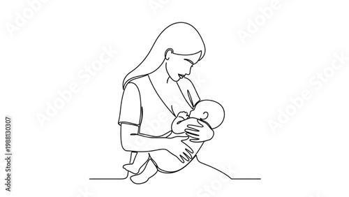 Continuous line drawing of mother nursing baby in peaceful home setting