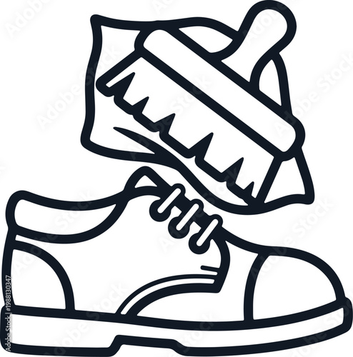 Shoe cleaning brush and cloth with a shoe, footwear care and maintenance concept.