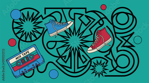 Vintage Cassette Tape Unspooling into Geometric Labyrinth Pop Surrealism Flat Illustration with Bold Outlines