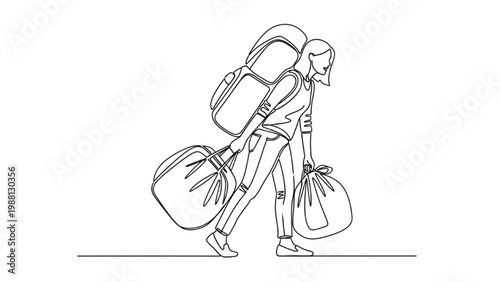 Continuous line drawing of a traveler carrying luggage walking alone