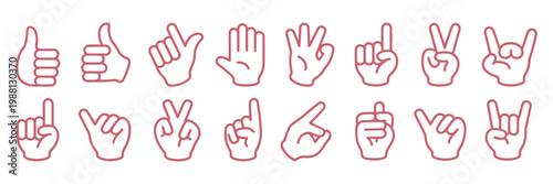 Cartoon hands in white gloves gesture set, including thumbs up, victory sign, pointing finger, clenched fist, and open palm poses in clean vector style for animation assets, mascot design, and express