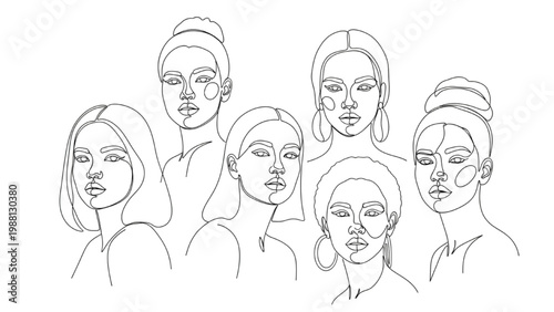 Continuous line drawing of six diverse women faces in a single illustration
