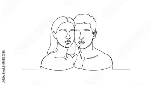 Continuous line drawing of a loving couple in a minimalist portrait