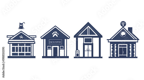 Four stylized buildings, each with unique features like pet paw prints, chimneys, and arched roofs