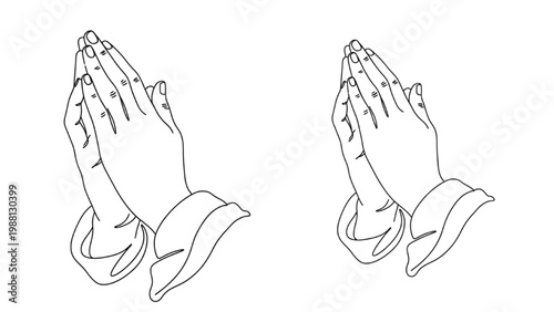 A continuous line drawing of two praying hands in a serene environment.