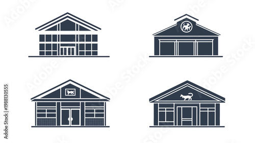 Four stylized building illustrations, each with a different facade design, showcasing architectural diversity