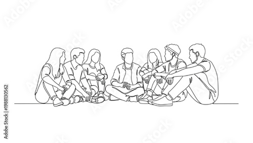 Continuous line drawing of diverse people sitting together in a circle