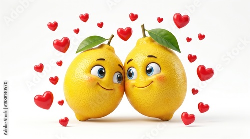 Cute Couple Lemons with Heart Eyes Surrounded by Red Hearts on White Background