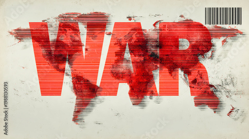 A world map presents a conflict theme with the word War prominently displayed. The design features a red barcode in the background and flat colors against a gradient