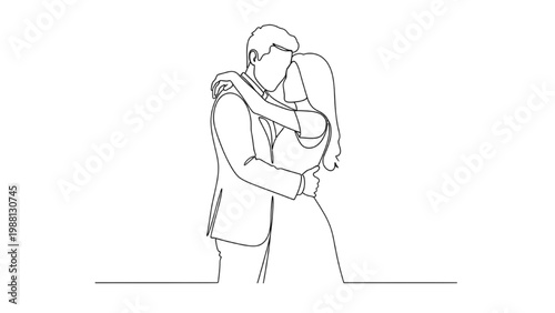 A continuous line drawing of a romantic couple embracing lovingly indoors.