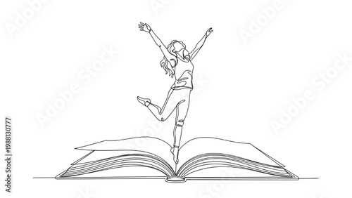 Continuous line drawing of a joyful woman dancing on an open book