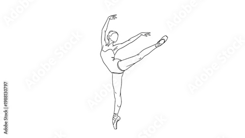 A continuous line drawing of a dancer in motion performs a graceful leap