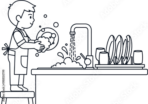 Boy washing dishes at sink with soap and water, household chores and hygiene.