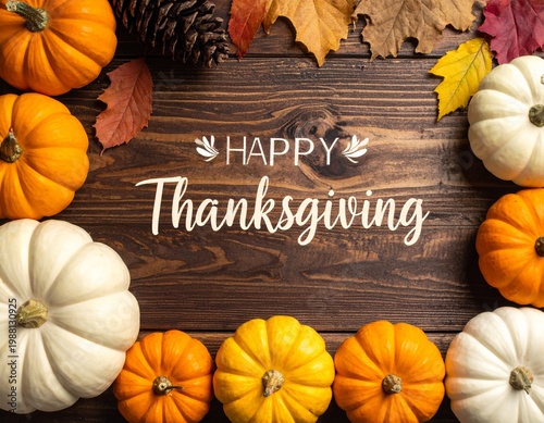 Happy Thanksgiving Greeting with Pumpkins, Autumn Maple Leaves, and Berries on Rustic Wood Background