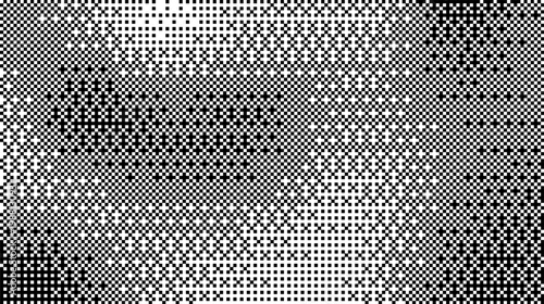 Bitmap dither pixel with wave gradient effect. Black and white bit texture background—abstract halftone 8-bit computer retro Y2K screen wallpaper—wide pixel art digital vintage vector illustration.	
