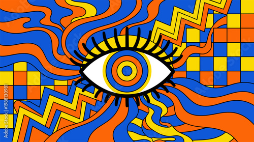 Cosmic Eye with Concentric Iris and Geometric Patterns Pop Surrealism Flat Illustration with Bold Outlines