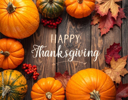 Happy Thanksgiving Greeting with Pumpkins, Autumn Maple Leaves, and Berries on Rustic Wood Background