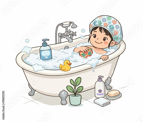 Cute girl in a bathtub with bubbles and a rubber duck, vector illustration