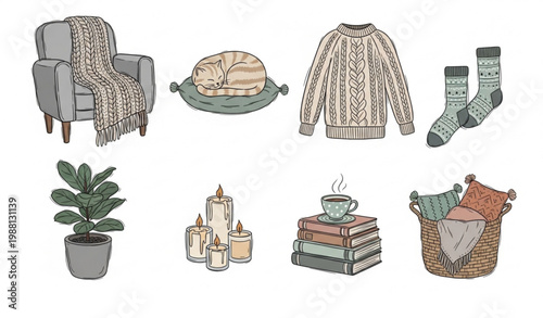 Hygge Scandinavian doodle vector bundle cozy winter lifestyle set