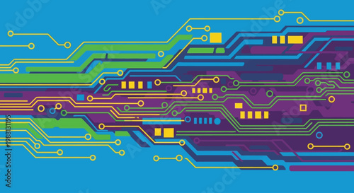 Vibrant circuit board illustration with colorful wires and microchips