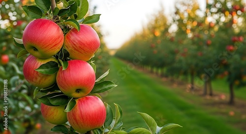 Red apples on a branch in a sunlit orchard fruit tree