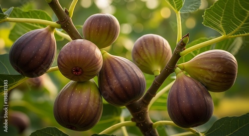 Ripe figs clustered on a branch with green leaves fruit