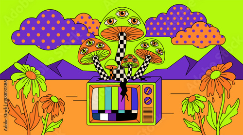 Multi-eyed Mushrooms and Vintage Television Set Pop Surrealism Flat Illustration with Bold Outlines and Polka-Dot Clouds