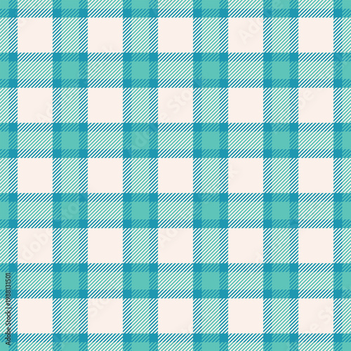 Geometrical check texture pattern, regular vector textile fabric. Smooth tartan plaid seamless background in linen and cyan colors.