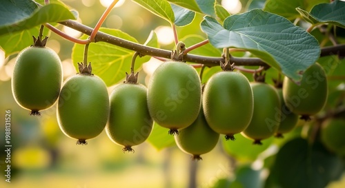 Ripe Kiwifruit Hanging on a Branch in Sunlight green