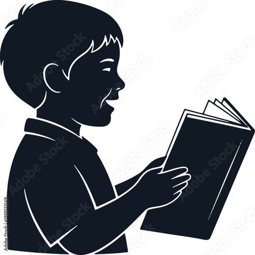 Boy reading book happily silhouette illustration.