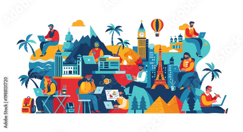 Vibrant travel illustration with landmarks and people