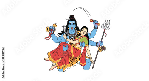 Shiva and parvati depicted in a colorful illustrative digital artwork